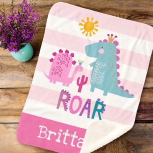 Couverture Sherpa Dinosaures mignons Bébé Fille rose Nom de la bande