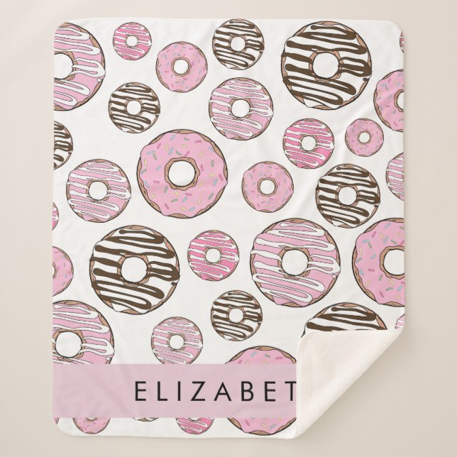 Couverture Sherpa Donuts Roses, Donuts Blancs, Sprinkings, Votre Nom (Devant)