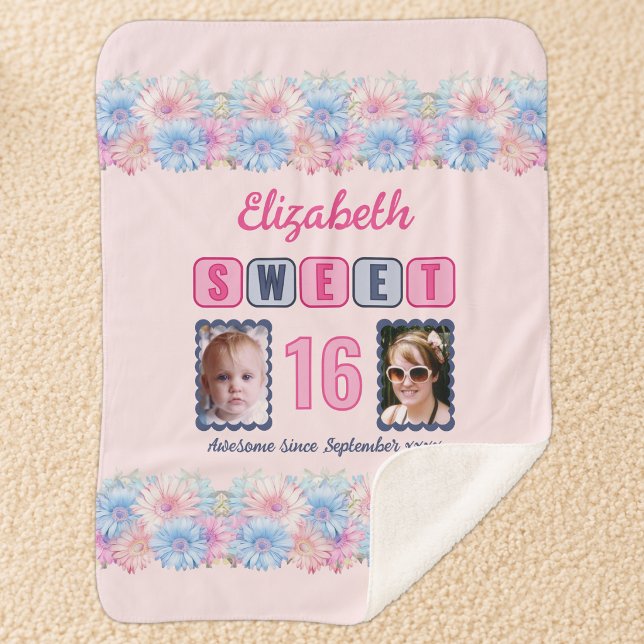 Couverture Sherpa Douce 16 2 nom de photo date fleurs rose (Créateur téléchargé)