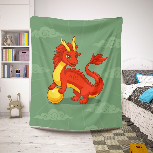Couverture Sherpa Dragon Chinois Rouge sur Fond Vert (Créateur téléchargé)