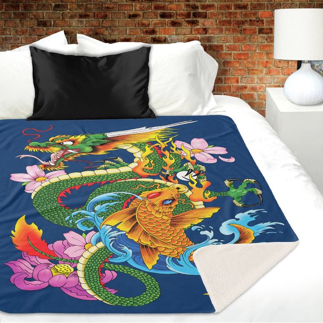 Couverture Sherpa Dragon chinois vert Koi (Créateur téléchargé)