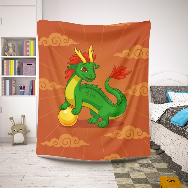 Couverture Sherpa Dragon Chinois Vert sur Fond Rouge (Créateur téléchargé)