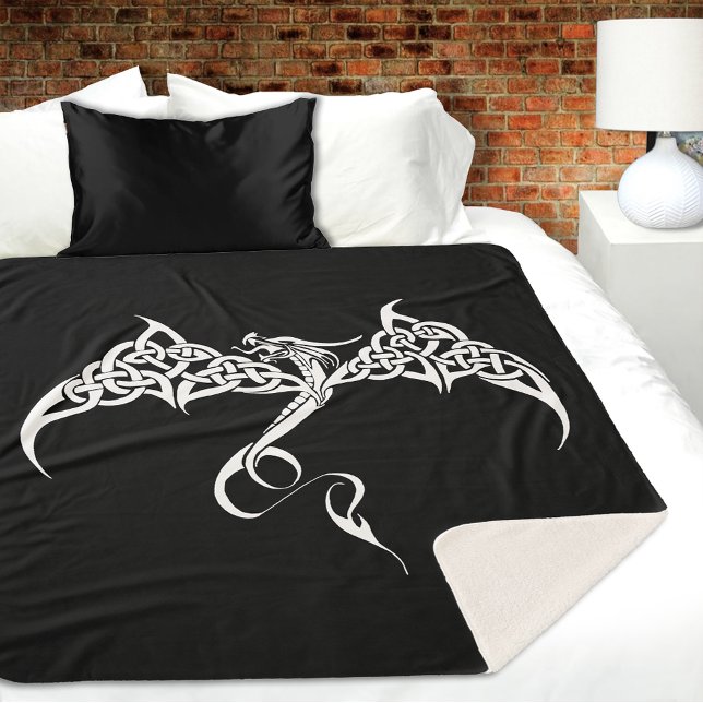 Couverture Sherpa Dragon Tribal Celtique Entrelacs Noir Blanc Fantas (Créateur téléchargé)