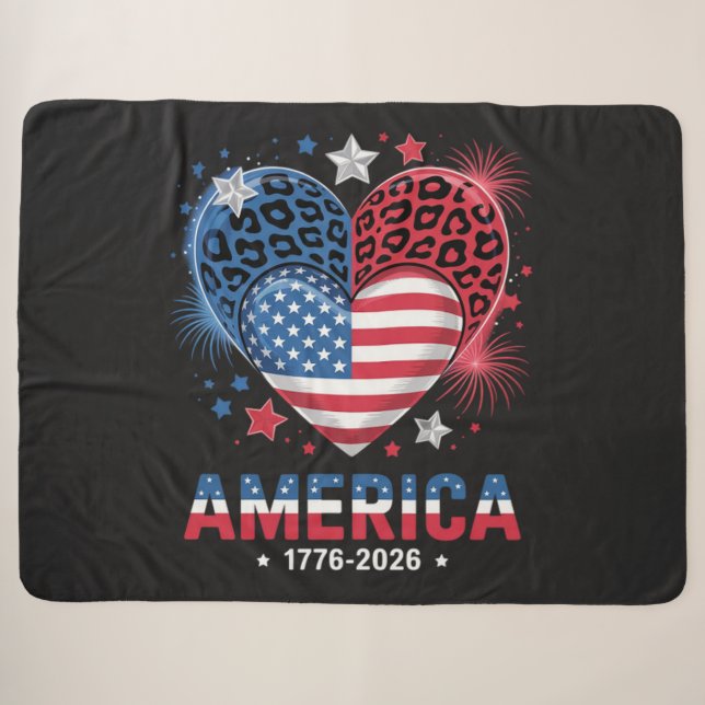 Couverture Sherpa Drapeau cœur léopard 1776 2026 4 juillet (Devant (Horizontal))