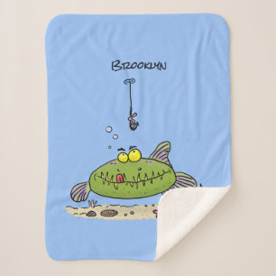 Couverture Sherpa Drôle gras affamé poisson vert dessin de pêche