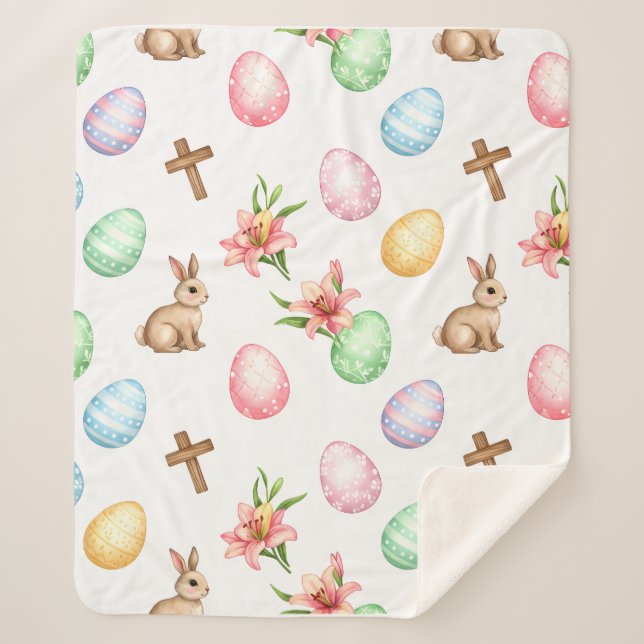 Couverture Sherpa Easter Grace – Seamless Pastel Bunny & Cross Patte (Devant)