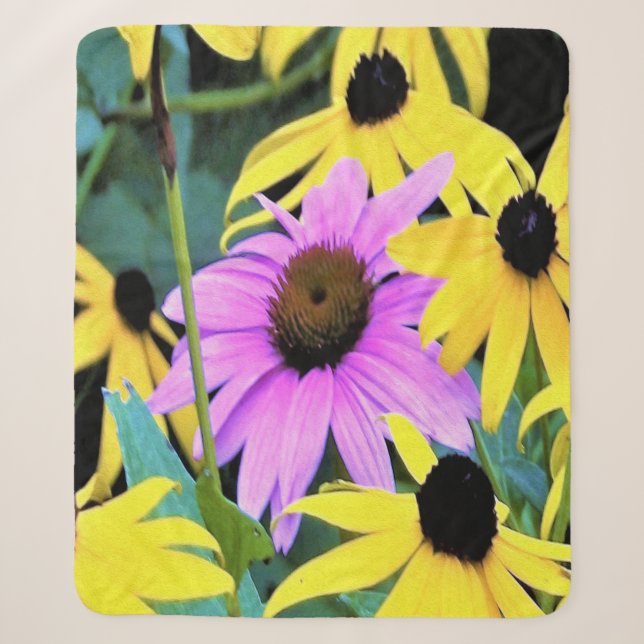 Couverture Sherpa Échinacée rose et pourpre avec des fleurs jaunes (Devant)