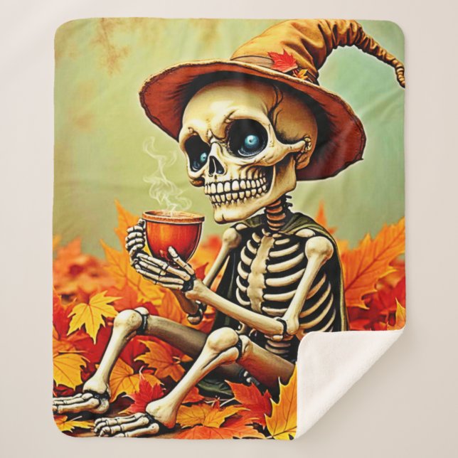 Couverture Sherpa Éffrayant Automne Skeleton's Coffee Break Design (Devant)