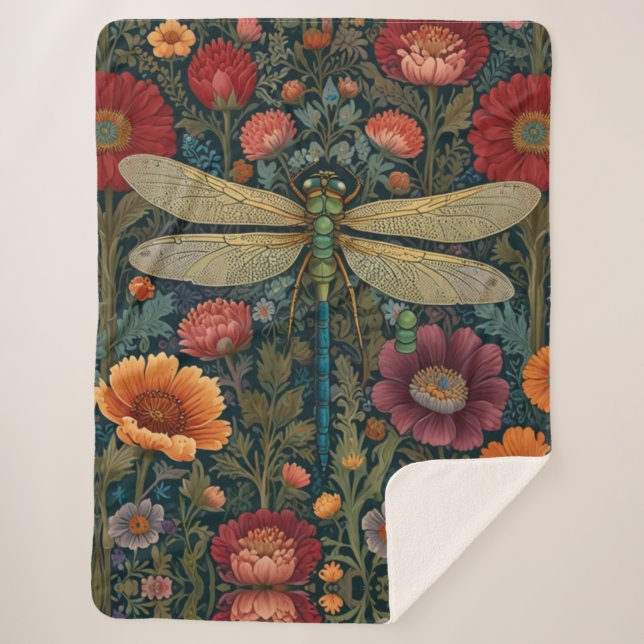 Couverture Sherpa Elegant art nouveau Autumn floral Dragonfly (Devant)