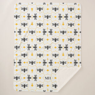 Couverture Sherpa Elégant Bee Motif Jaune moderne Monogramme noir