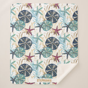 Couverture Sherpa Elégant bleu et or Océan Motif trésors