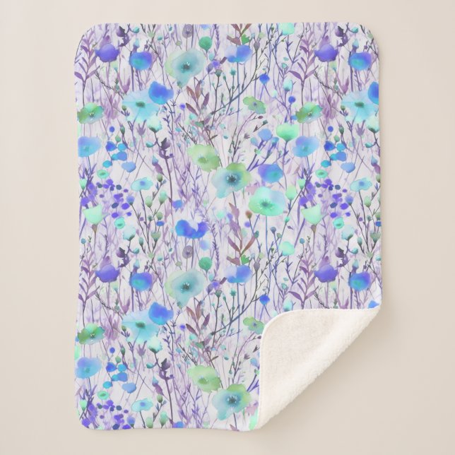 Couverture Sherpa Elegant blue turquoise wildflowers watercolor (Devant)