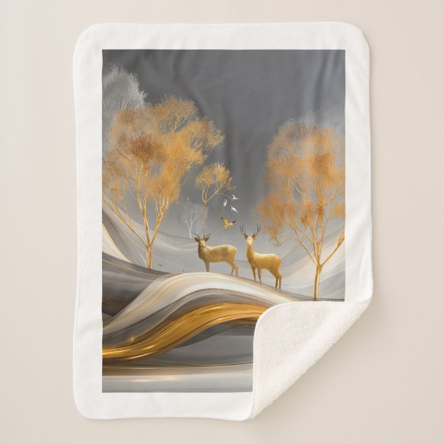 Couverture Sherpa ✨Élégant Cerf Doré Luxe Nature Artwork (Devant)