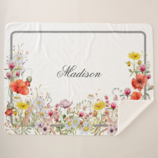 Couverture Sherpa Élégant Fleur sauvage Boho Nom personnalisé