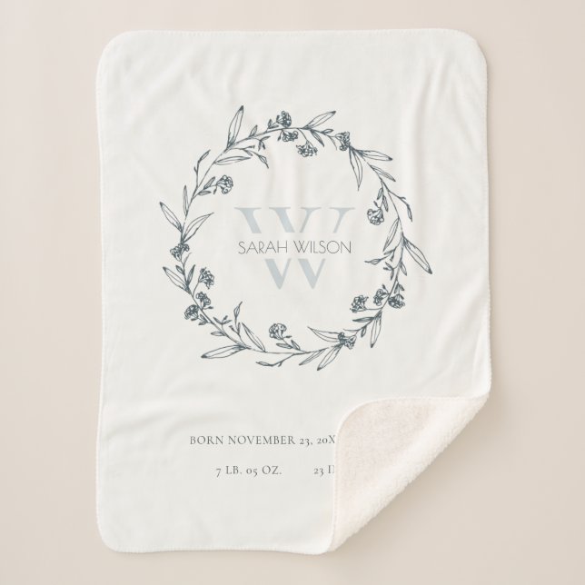 Couverture Sherpa Élégant Floral Laurel Wreath Monogram Baby Stats (Devant)
