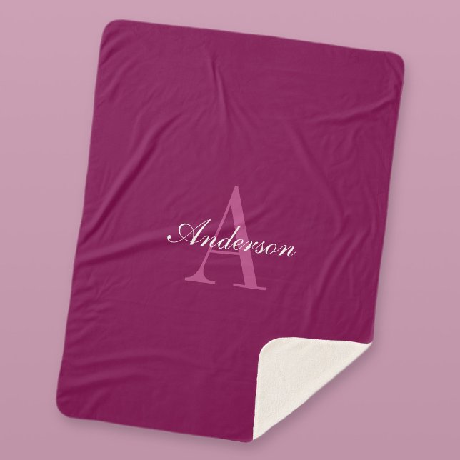 Couverture Sherpa Élégant Magenta Rouge, rose & blanc Nom & Monogram (Créateur téléchargé)