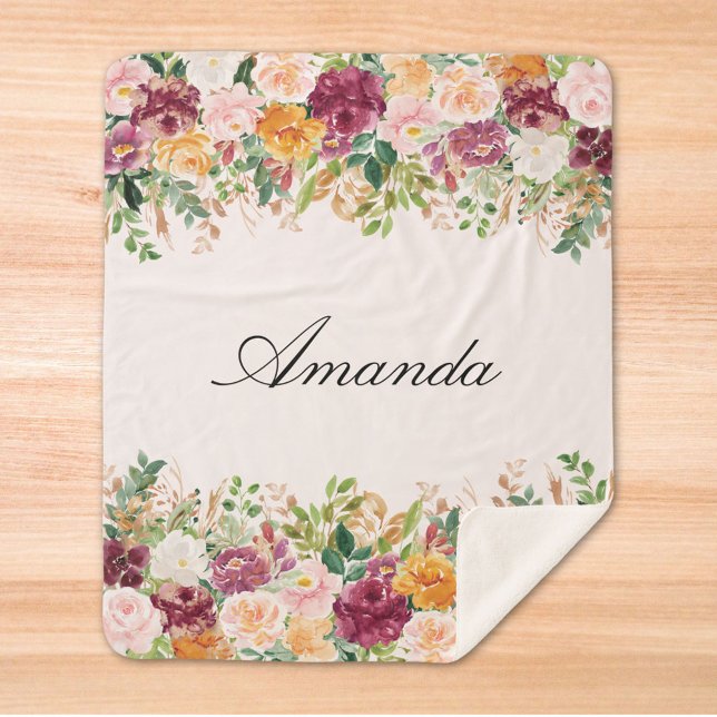 Couverture Sherpa Elégant Monogramme Aquarelle Rose Jardin Floral (Close up)