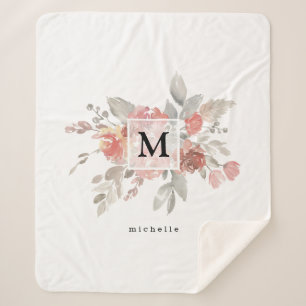 Couverture Sherpa Élégant Monogramme floral rose pâle