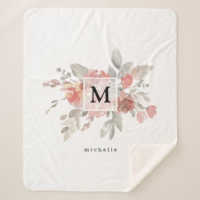 Couverture Sherpa Élégant Monogramme floral rose pâle (Devant)