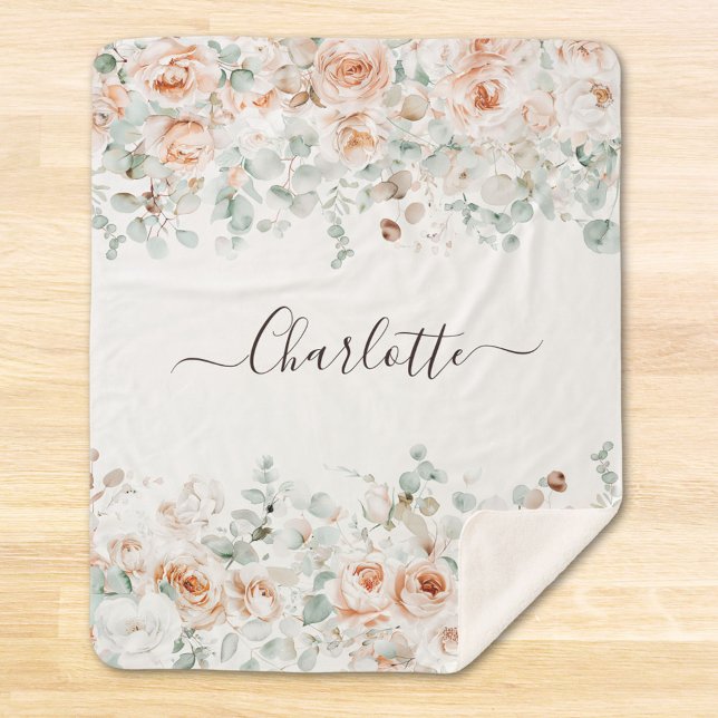 Couverture Sherpa Élégant Monogramme Rustique Rose Floral Verdure (In situ)