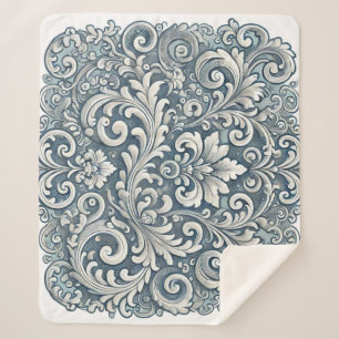 Couverture Sherpa Élégant motif de défilement Damas en bleu doux et