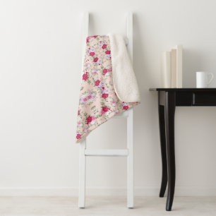 Couverture Sherpa Élégant motif floral rose et burgundy vintage