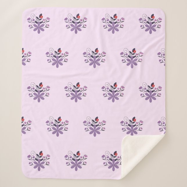 Couverture Sherpa Élégant motif floral violet violet gris rouge (Devant)