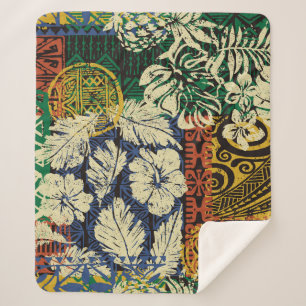 Couverture Sherpa Éléments tribaux hawaïens et tissu hibiscus