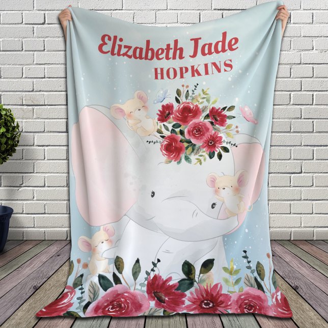 Couverture Sherpa Eléphant aux fleurs de marron bordeaux + Nom (Créateur téléchargé)
