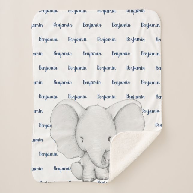 Couverture Sherpa Éléphant Personnalisé Navy Nom Bleu Garçon (Devant)