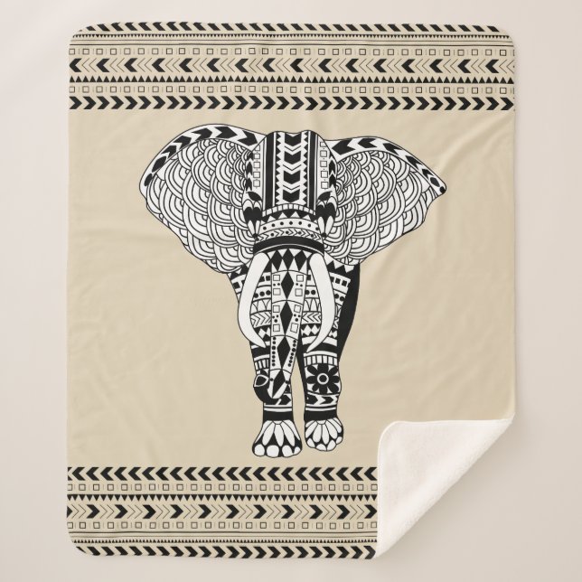 Couverture Sherpa Eléphant tribal noir et blanc de Bohême (Devant)