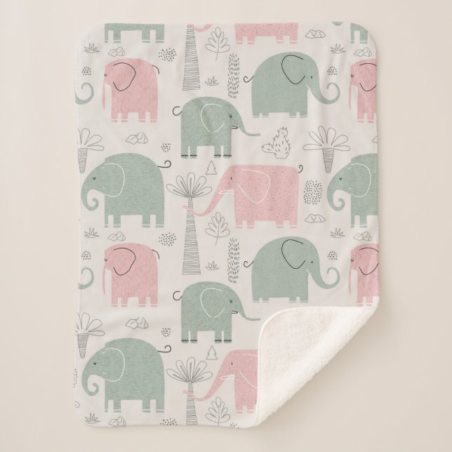 Couverture Sherpa Eléphants verts rose moderne (Devant)