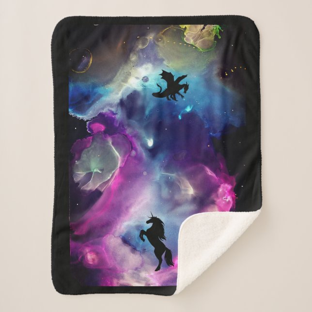 Couverture Sherpa Espace Imaginaire Nebula Unicorn Dragon bleu rose (Devant)