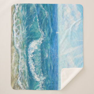 Couverture Sherpa Eté, vagues bleues, peinture acrylique.