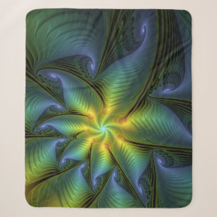 Couverture Sherpa Etoile Abstraite, Bleu brillant Vert Or Fractal Ar