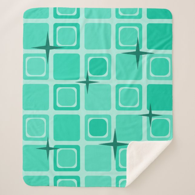 Couverture Sherpa Étoiles Carrés modernes du milieu du siècle Turquo (Devant)
