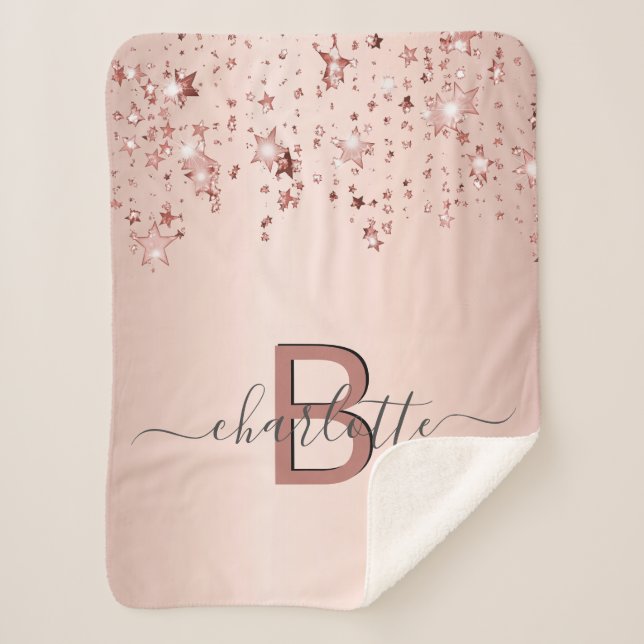 Couverture Sherpa étoiles rose or blush monogramme nom élégant (Devant)