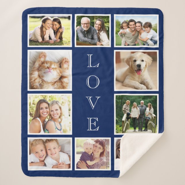 Couverture Sherpa Famille 10 Photo Collage Navy Blue (Devant)
