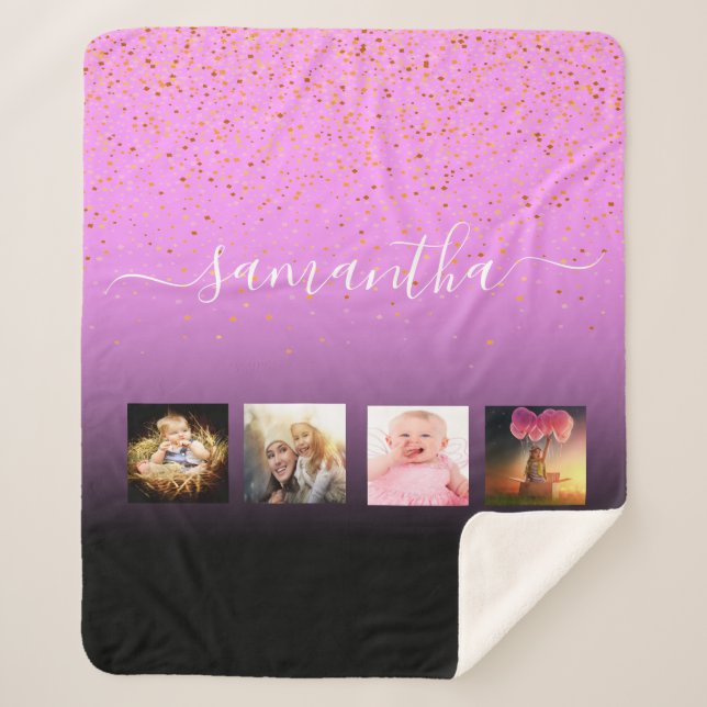 Couverture Sherpa Famille de collage photo noir violet rose monogram (Devant)