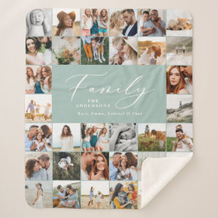 Couverture Sherpa Famille de script bleu multi-photo moderne