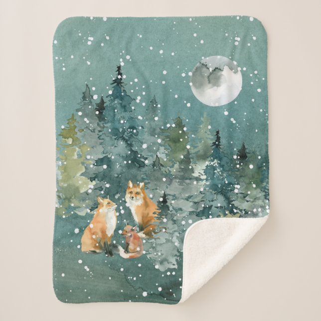 Couverture Sherpa Famille Fox en forêt Pleine lune neige (Devant)