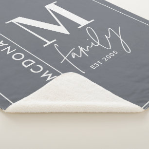 Couverture Sherpa Famille monogramme moderne marine gris élégant she