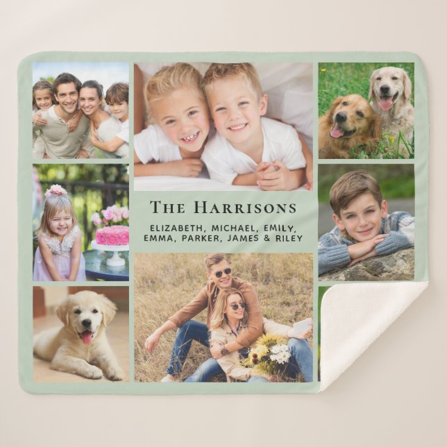 Couverture Sherpa Famille Monogramme Nom 8 Photo Collage Sage Green (Devant (Horizontal))