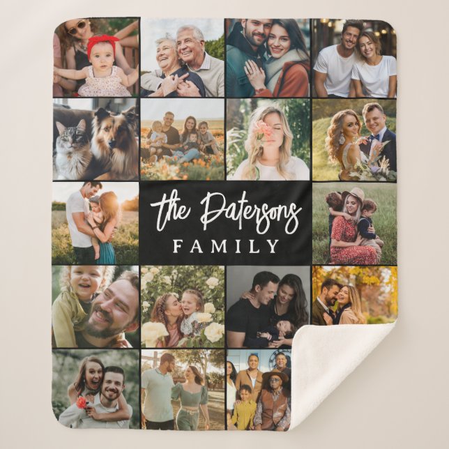 Couverture Sherpa Family Name 18 Photo Collage Modern Elegant Black (Devant)