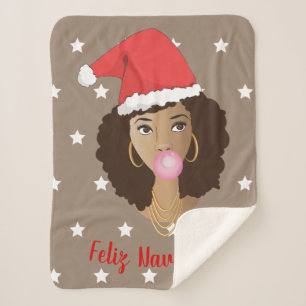 Couverture Sherpa Feliz Navidad, Femme noire, Santa Hat, Bubblegum