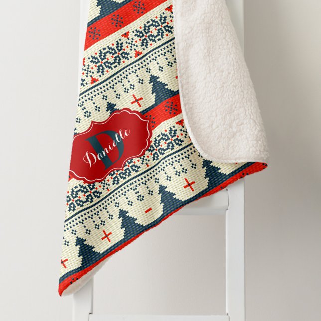 Couverture Sherpa Fête de Noël Monogramme sur mesure Fête Motif (Custom Monogram Christmas Festive Pattern Holiday Sherpa Blanket)