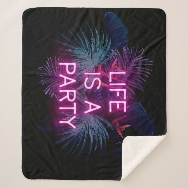 Couverture Sherpa Fête tropicale, feuilles de néon de palme. (Devant)