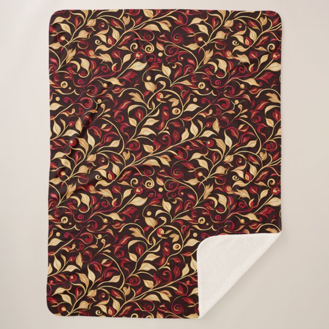 Couverture Sherpa Feuillage de Noël noir, bourgogne et or (Devant)