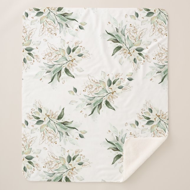 Couverture Sherpa Feuillage élégant blanc romantique de verdure doré (Devant)