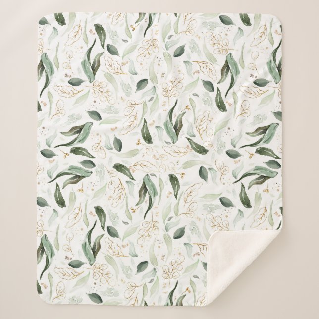Couverture Sherpa Feuillage élégant blanc romantique de verdure doré (Devant)